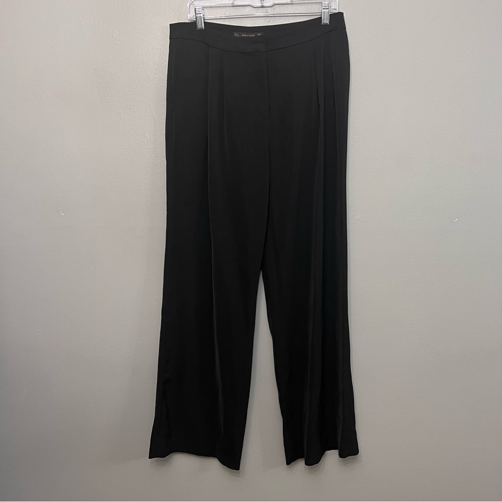 Zara Basic Women’s Black Pleated Front Pants Size Large Made In Spain